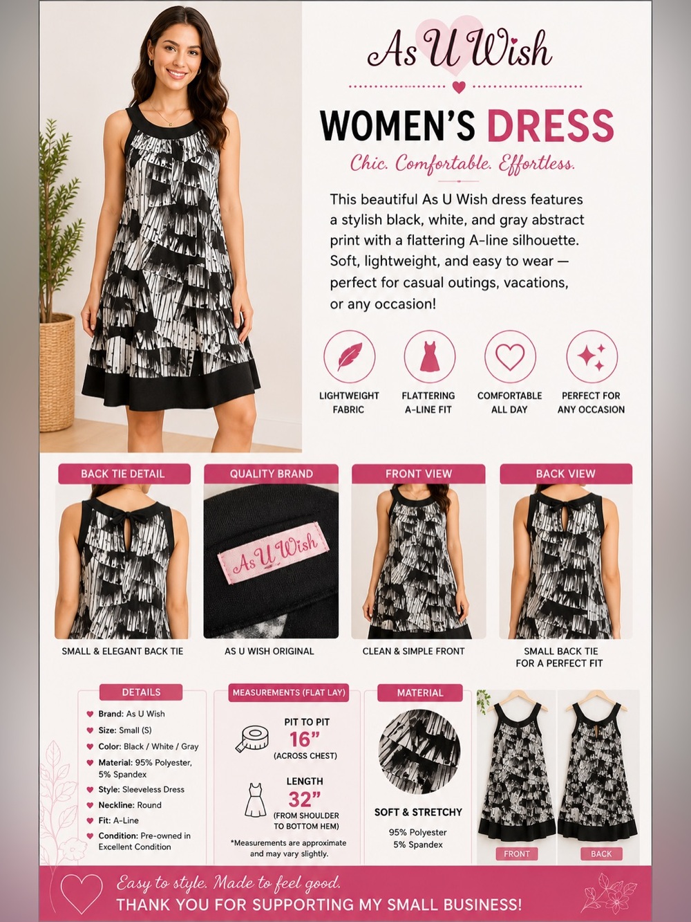 As U Wish Women’s Small A-Line Dress Black White Abstract Print Sleeveless Tie B